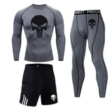 New Skull T shirt + Fitness leggings Compression set Men's full suit Tracksuit 2/3 piece set Autumn Running Thermal underwear