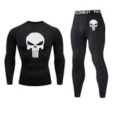 New Skull T shirt + Fitness leggings Compression set Men's full suit Tracksuit 2/3 piece set Autumn Running Thermal underwear