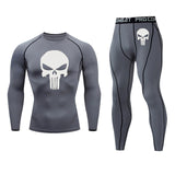 New Skull T shirt + Fitness leggings Compression set Men's full suit Tracksuit 2/3 piece set Autumn Running Thermal underwear