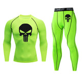 New Skull T shirt + Fitness leggings Compression set Men's full suit Tracksuit 2/3 piece set Autumn Running Thermal underwear