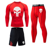 New Skull T shirt + Fitness leggings Compression set Men's full suit Tracksuit 2/3 piece set Autumn Running Thermal underwear