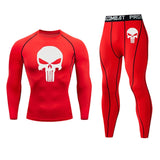 New Skull T shirt + Fitness leggings Compression set Men's full suit Tracksuit 2/3 piece set Autumn Running Thermal underwear