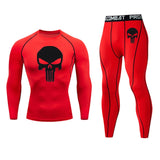 New Skull T shirt + Fitness leggings Compression set Men's full suit Tracksuit 2/3 piece set Autumn Running Thermal underwear