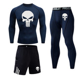 New Skull T shirt + Fitness leggings Compression set Men's full suit Tracksuit 2/3 piece set Autumn Running Thermal underwear