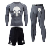 New Skull T shirt + Fitness leggings Compression set Men's full suit Tracksuit 2/3 piece set Autumn Running Thermal underwear