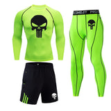 New Skull T shirt + Fitness leggings Compression set Men's full suit Tracksuit 2/3 piece set Autumn Running Thermal underwear