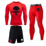 New Skull T shirt + Fitness leggings Compression set Men's full suit Tracksuit 2/3 piece set Autumn Running Thermal underwear