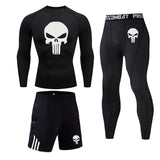 New Skull T shirt + Fitness leggings Compression set Men's full suit Tracksuit 2/3 piece set Autumn Running Thermal underwear