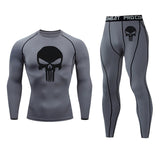 New Skull T shirt + Fitness leggings Compression set Men's full suit Tracksuit 2/3 piece set Autumn Running Thermal underwear