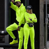 Neon Male Solid 2 Pieces Sets Tracksuit Men Brand Couple Wear Casual Autumn Winter Hooded Sweatshirt + Drawstring Jogging Pants