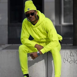 Neon Male Solid 2 Pieces Sets Tracksuit Men Brand Couple Wear Casual Autumn Winter Hooded Sweatshirt + Drawstring Jogging Pants