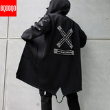Winter Long Trench Coat Men Letter Print Military Style Hooded Windbreaker Black College Hip Hop Streetwear Autumn Men's Jacket