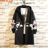 Winter Long Trench Coat Men Letter Print Military Style Hooded Windbreaker Black College Hip Hop Streetwear Autumn Men's Jacket