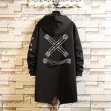 Winter Long Trench Coat Men Letter Print Military Style Hooded Windbreaker Black College Hip Hop Streetwear Autumn Men's Jacket