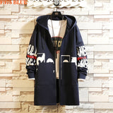 Winter Long Trench Coat Men Letter Print Military Style Hooded Windbreaker Black College Hip Hop Streetwear Autumn Men's Jacket