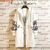 Winter Long Trench Coat Men Letter Print Military Style Hooded Windbreaker Black College Hip Hop Streetwear Autumn Men's Jacket