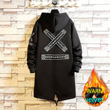 Winter Long Trench Coat Men Letter Print Military Style Hooded Windbreaker Black College Hip Hop Streetwear Autumn Men's Jacket