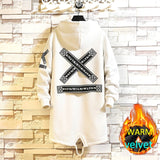Winter Long Trench Coat Men Letter Print Military Style Hooded Windbreaker Black College Hip Hop Streetwear Autumn Men's Jacket