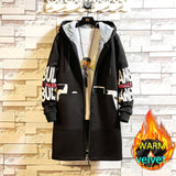 Winter Long Trench Coat Men Letter Print Military Style Hooded Windbreaker Black College Hip Hop Streetwear Autumn Men's Jacket