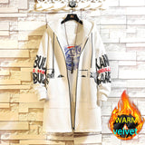 Winter Long Trench Coat Men Letter Print Military Style Hooded Windbreaker Black College Hip Hop Streetwear Autumn Men's Jacket